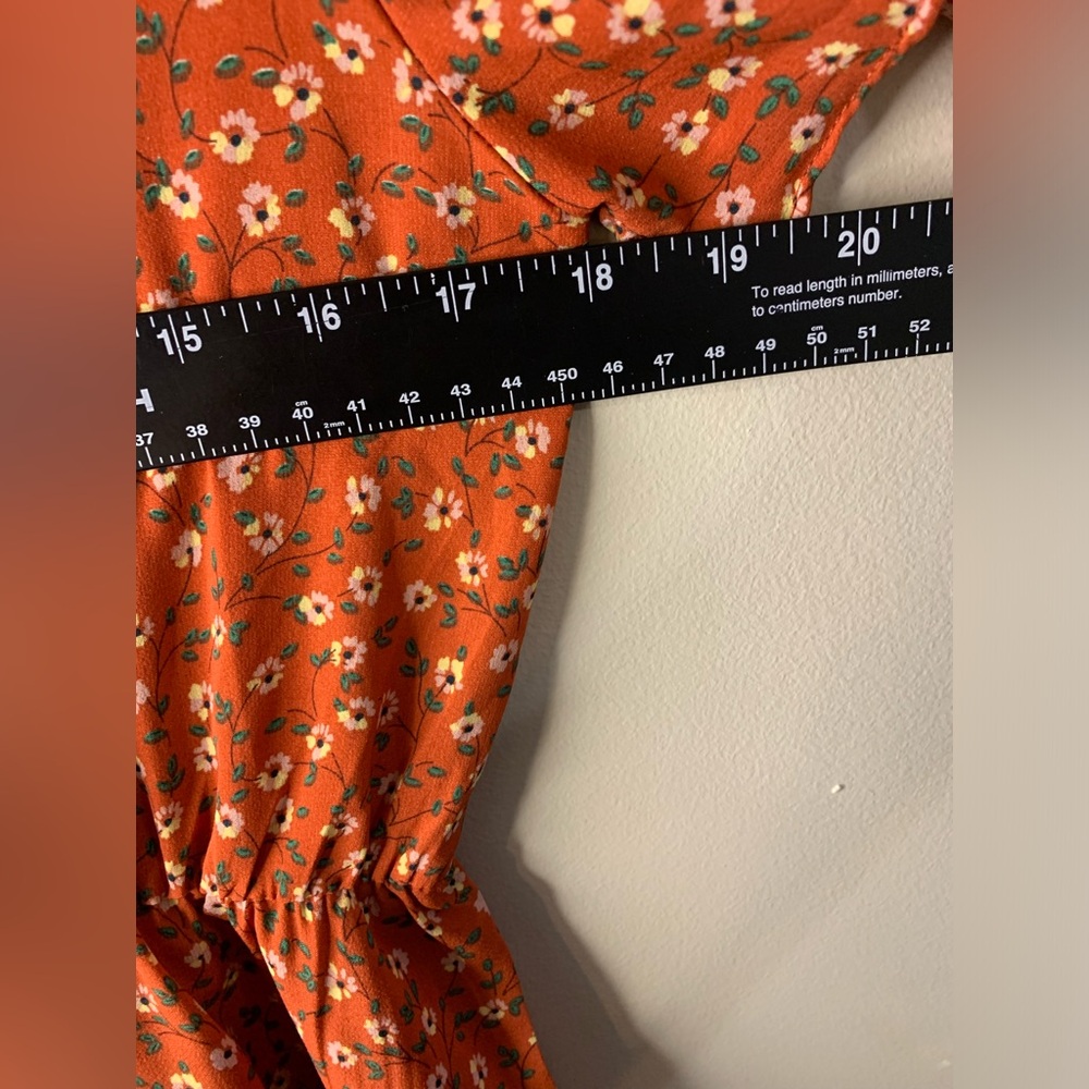 Women’s Large orange floral wrap-style front flutter sleeves ruffled dress - Picture 6 of 7